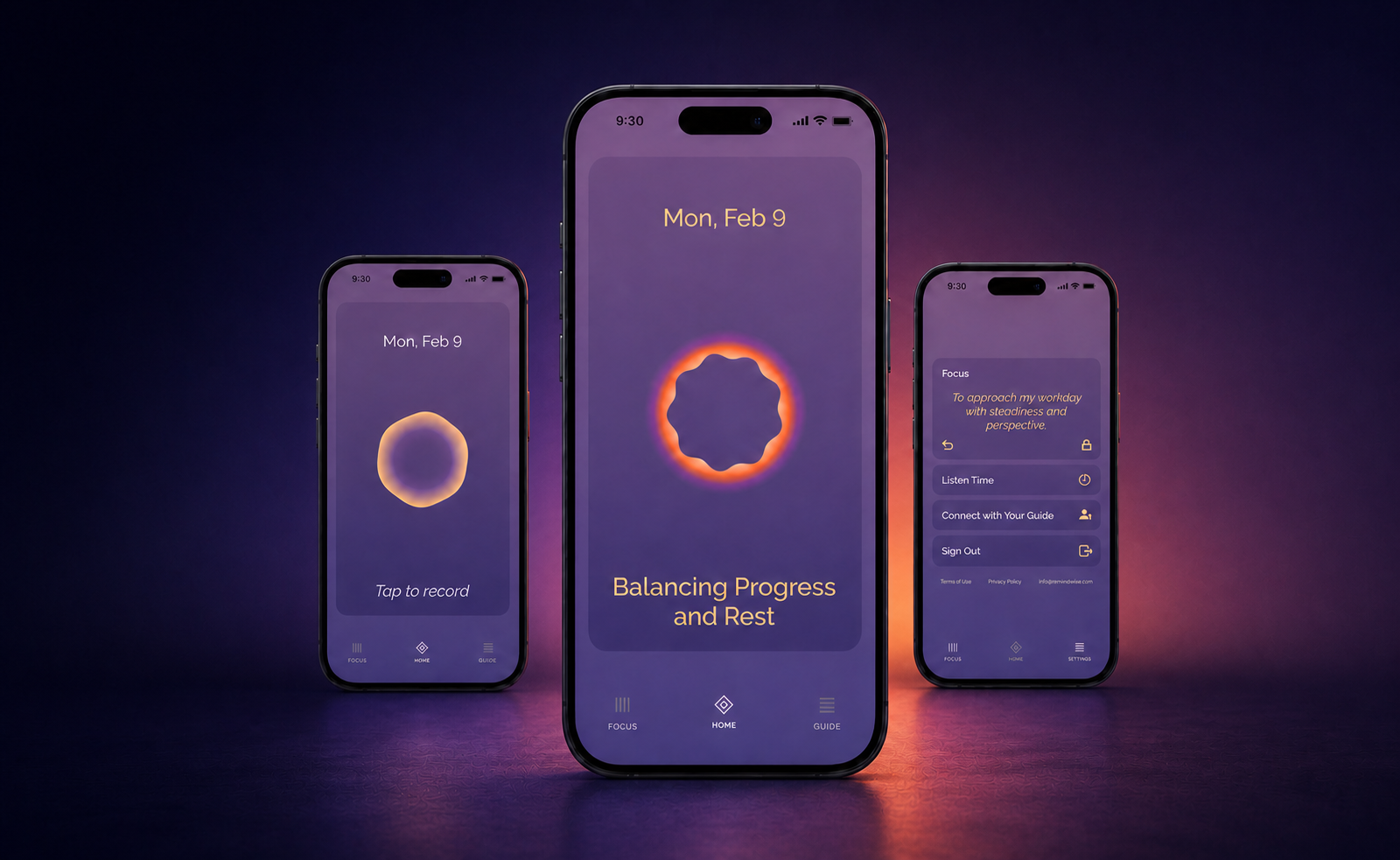 Three ReMind mobile interface states in a deep violet and plum sunset studio with a restrained warm glow